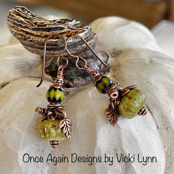 Hand Crafted Jewelry - Hand Crafted “Green Jade Knight Pumpkin” Dangle Earrings